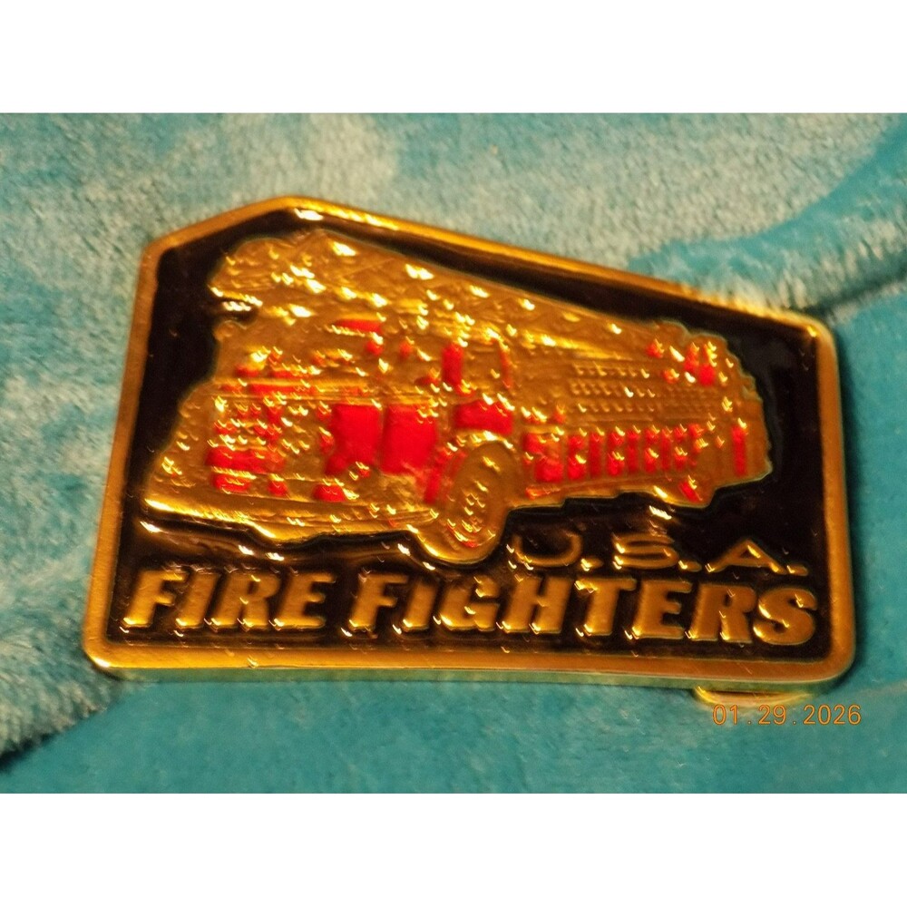 Firefighter U.S.A. Fire Fighters Fire Ladder Truck Enameled Belt Buckle
